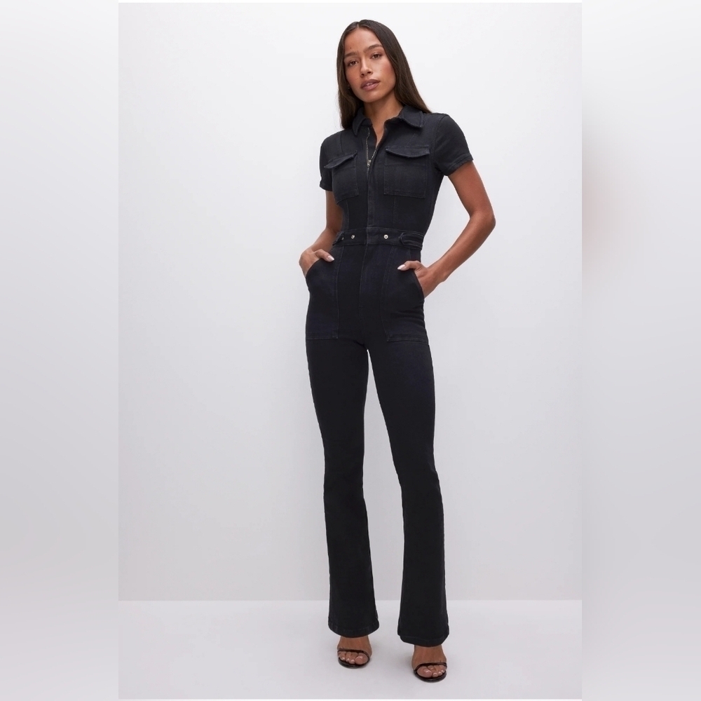 GOOD AMERICAN Fit For Success Blue Bootleg Jumpsuit, Size 1/Small.
